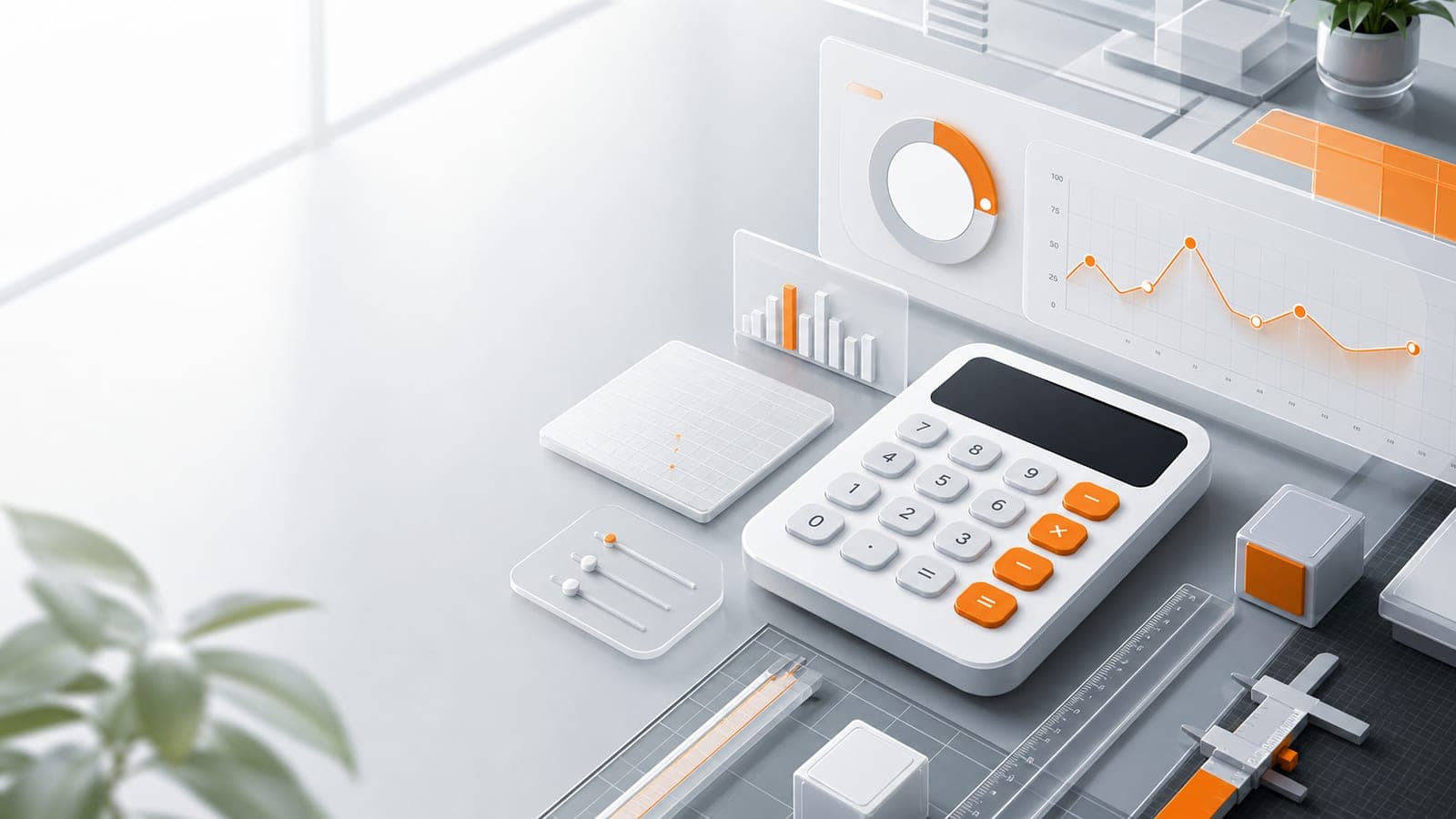 Bright calculator dashboard with charts and orange controls for ToolSpilo tools.